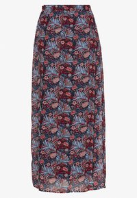 Maxi skirt made of lightweight fabric with a dark navy background, featuring a floral pattern in red, pink, and blue tones. Elastic waistband.