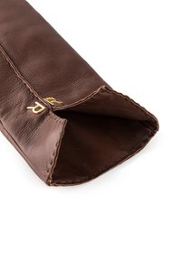 Brown leather pouch with a smooth texture, featuring a gold zipper accent and visible stitching along the edges. Open at one end.