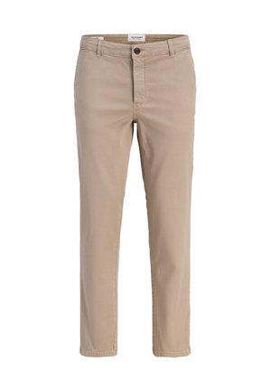 Beige chinos made of cotton with a smooth texture. Features a front button closure, belt loops, and side pockets. Straight-leg design.