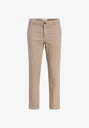 Pantaloni chino beige in cotone con una texture liscia. Presentano una chiusura frontale con bottoni, passanti per cintura e tasche laterali. Design a gamba dritta.