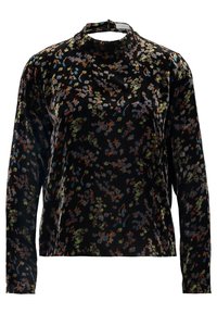 Langærmet sort velour top med blomstermønster i blå, orange og grøn, med høj hals og slim fit.