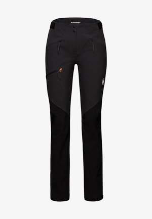 Pantaloni neri da esterno con vestibilità aderente, realizzati in materiale durevole, dotati di tasche con zip e un'accattivante zip arancione.