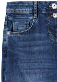 Spódnica dżinsowa w ciemnym niebieskim kolorze z efektem wyblakłego prania, misternym przeszyciem, przednią kieszenią oraz paskiem na guziki z dwoma metalowymi guzikami.