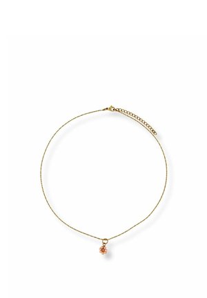 Delicate gold chain necklace with a small pink flower charm pendant and an adjustable clasp on a white background.