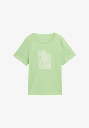 Lichtgroene katoenen T-shirt met een losse pasvorm, voorzien van een witte grafische print met abstracte lijnen en tekst eronder. Korte mouwen, ronde halslijn.