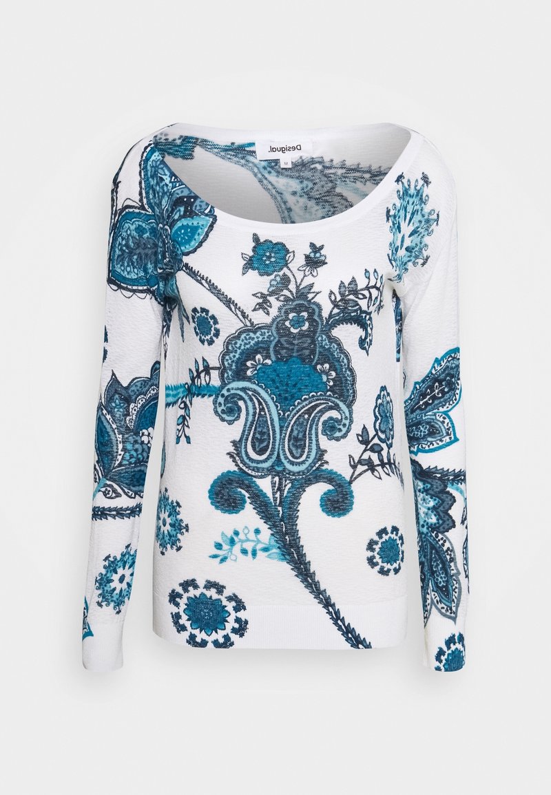Long-sleeved sweater in white with intricate blue paisley and floral patterns. Features a wide neckline and textured fabric.