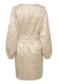 Beige klänning med gyllene abstrakt mönster, med lång ärm, elastisk midja och en slät satinstruktur. Rund halsringning och avslappnad passform.