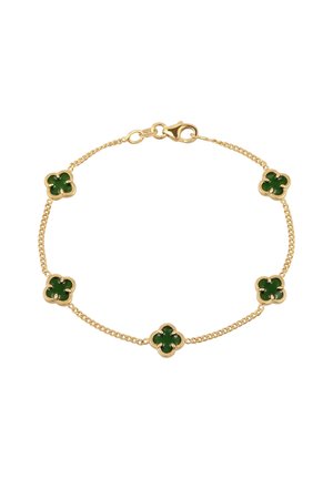 Bracelet chaîne en or avec cinq breloques vertes en forme de trèfle à quatre feuilles, espacées uniformément et une fermeture à mousqueton.