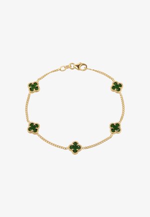 Guld kæde armbånd med fem grønne charms formet som firekløver jævnt fordelt og lukning med hummerlås.