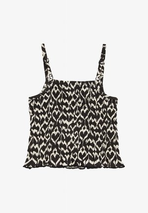 Fekete és krémszínű ujjatlan felső, fodros dizájnnal, merész geometriai mintával, könnyű anyagból készült.