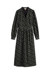 Zwart bloemen midi-jurk met groene en crèmekleurige bloemenpatronen, V-hals, lange pofmouwen en gathered taille detail.
