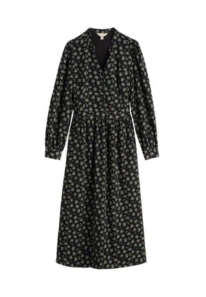 Floral midi dress in black with green and cream flower patterns, V-neckline, long puff sleeves, and gathered waist detail.
