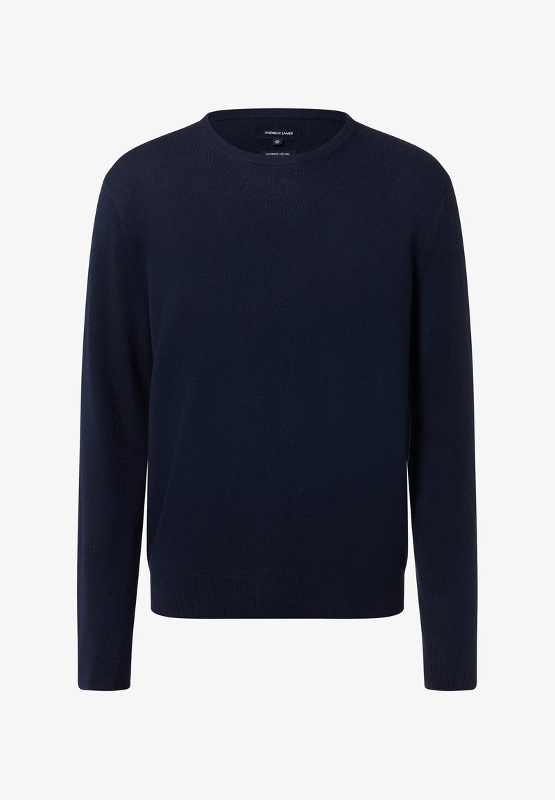 Dunkelblaues Sweatshirt, Rundhalsausschnitt, lange Ärmel, weiche Textur, gerippte Ärmelbündchen und Saum, schlichtes Design, aus leichtem Strickmaterial gefertigt.