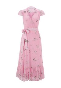 Rosa blommig omslagsklänning med korta puffärmar, knytbälte, volangkant och känsliga blommönster på lätt tyg.