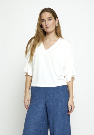 Kobieta z długimi blond włosami, ubrana w luźną białą bluzkę z dekoltem w kształcie litery V i szerokie niebieskie spodnie, stojąca na tle jednolitego białego tła.