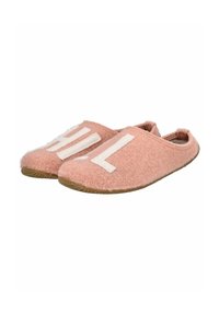 Pantofole di feltro rosa con lettere bianche "HIL" sulla parte superiore. Design aperto sul retro, suola testurizzata, materiale morbido per il comfort.