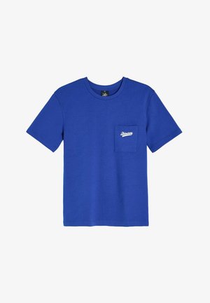 Niebieska bawełniana koszulka T-shirt, krótki rękaw, okrągły dekolt, kieszonka na lewej piersi z białym napisem "Diverse", gładka struktura, standardowy krój.