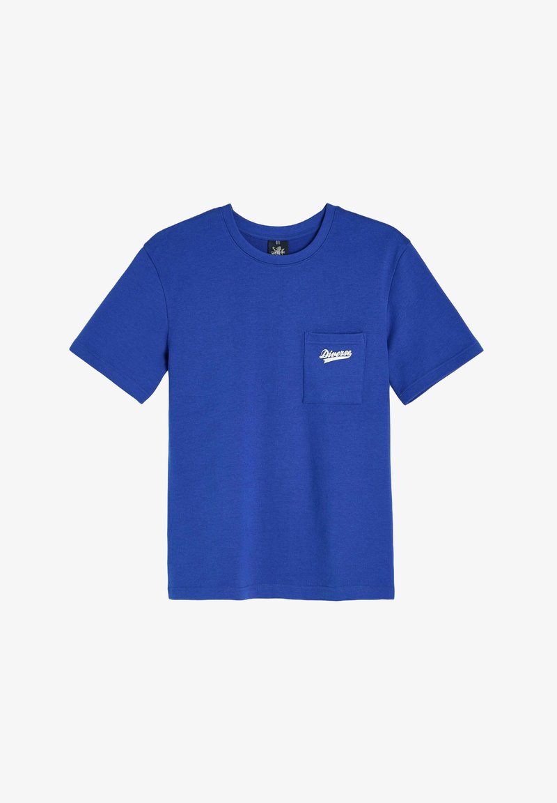 Niebieska bawełniana koszulka T-shirt, krótki rękaw, okrągły dekolt, kieszonka na lewej piersi z białym napisem "Diverse", gładka struktura, standardowy krój.