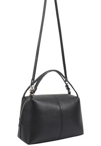 Zwarte leren handtas met dubbele handvatten en een afneembare schouderriem. Voorzien van een ritssluiting en een gestructureerd ontwerp met zichtbare stiksels.