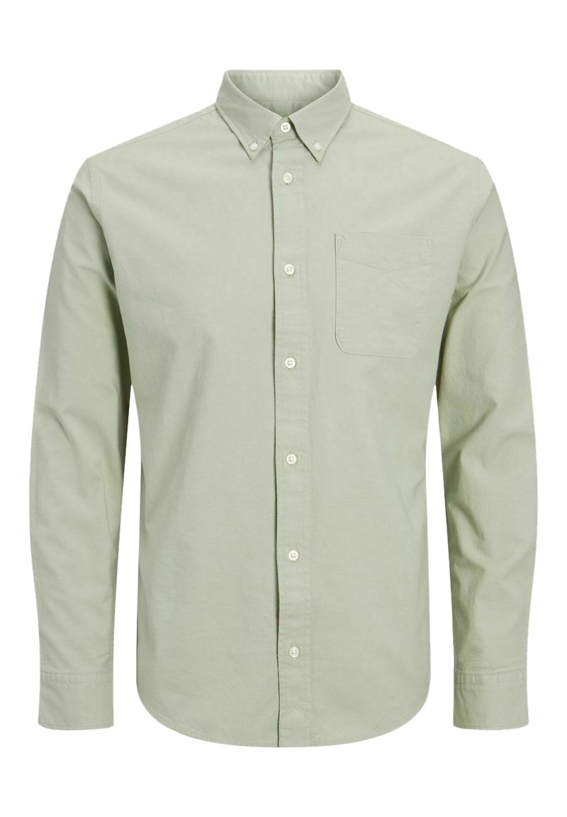 Camicia verde chiaro a maniche lunghe in cotone. Presenta un colletto con bottoni, una tasca frontale e una vestibilità regolare con chiusura a bottoni.