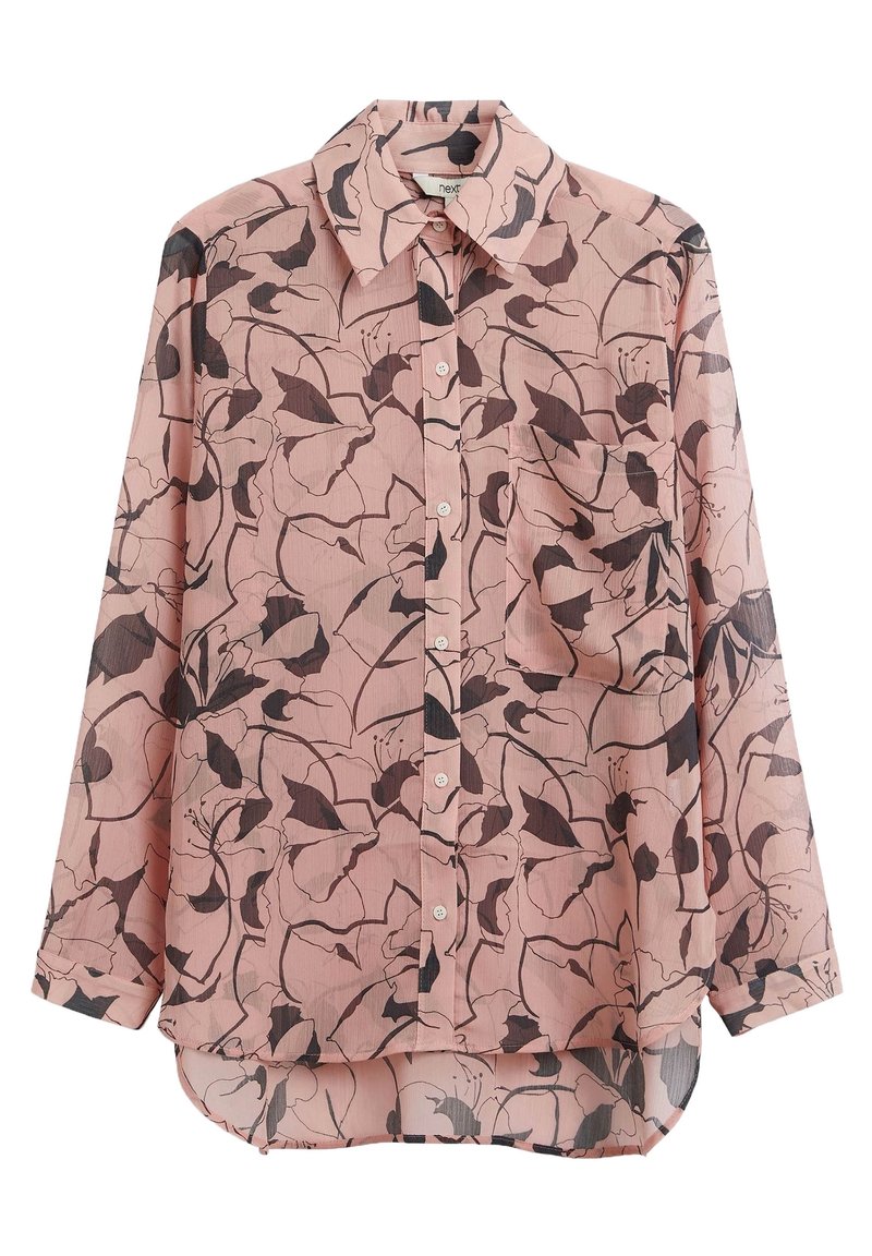 Long-sleeve shirt in lightweight, sheer pink fabric featuring a dark floral print, button-down front, and single chest pocket with rounded hem.