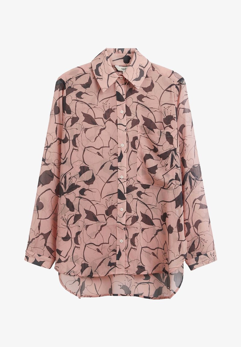 Long-sleeve shirt in lightweight, sheer pink fabric featuring a dark floral print, button-down front, and single chest pocket with rounded hem.