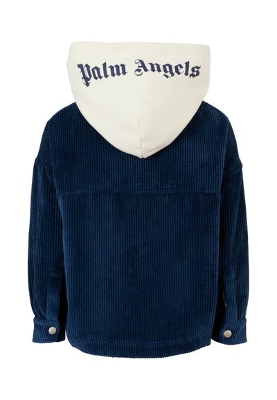 Giubotto in corduroy blu navy con cappuccio bianco. Testo "Palm Angels" in carattere scuro sulla parte posteriore. Presenta polsini con bottoni e trama a costine.