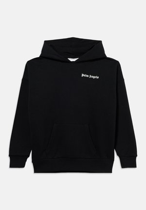 Black hooded sweatshirt with front pouch pocket and small white "Palm Angels" logo on the left chest.
