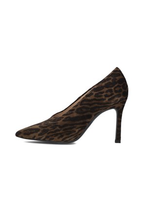 Luipaardprint hoge hak schoen met een puntige neus, gemaakt van getextureerd suede, met een slanke stiletto hak en een gestroomlijnd design.
