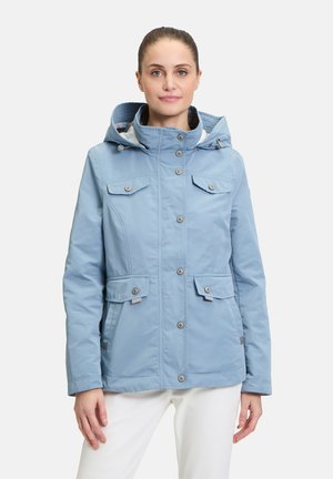 Light blue insulated jacket with a hood, featuring button closures, two chest pockets, and two side pockets, made from smooth outer material.