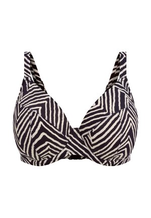 Valkoinen ja musta seepraraidallinen rintaliivi, jossa on muotoillut kupit, säädettävät hihnat ja ristikkäinen malli edessä, valmistettu sileästä kankaasta.