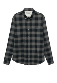 Chemise en flanelle à carreaux gris et noirs avec col, boutonnage devant, manches longues et ourlet légèrement arrondi. Texture douce.