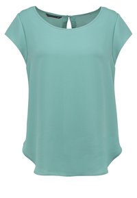 Blouse à manches courtes couleur turquoise clair avec un col rond et une fermeture à bouton goutte d'eau à l'arrière, coupe ample et texture de tissu lisse.