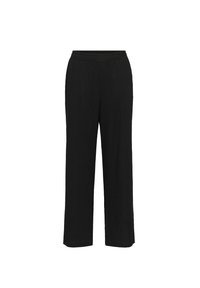 Schwarze, weite Hosen aus strukturiertem Stoff mit elastischem Bund. Besitzt eine lockere Passform und keine sichtbaren Taschen oder Muster.