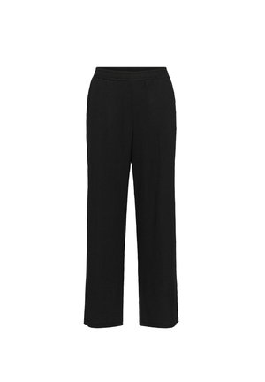 Zwarte, wijde broek van textuurstof met een elastische tailleband. Heeft een losse pasvorm en geen zichtbare zakken of patronen.