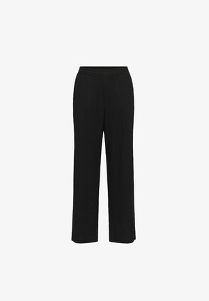 Pantaloni neri a gamba larga realizzati in tessuto testurizzato con vita elastica. Presentano una vestibilità ampia e nessuna tasca o motivo visibile.