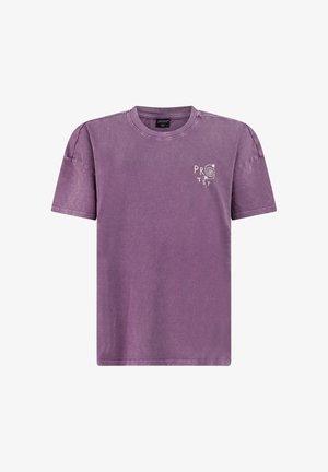 Purple short-sleeve T-shirt with a round neck and a small white "Protest" logo featuring a spiral and stars on the left chest.
