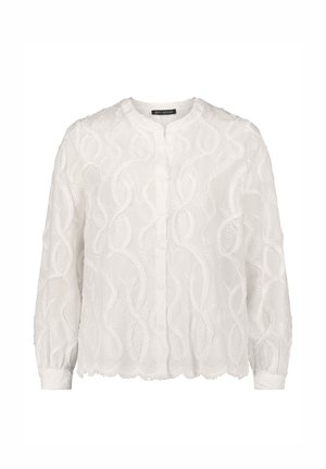 Witte blouse met lange mouwen, textuur van bladborduursel, ronde halslijn, knopen aan de voorkant en een gegolfde zoom.