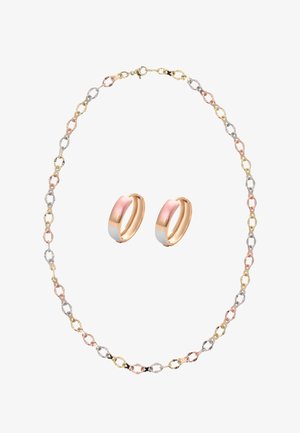 Naszyjnik z łańcuszkiem w trzech kolorach z naprzemiennymi owalnymi ogniwami oraz pasujące kolczyki koła w tonacjach złota, różowego złota i srebra.