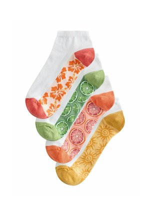 Four pairs of white ankle socks with colorful toes and heels, each featuring a distinct pattern: orange flowers, green lime slices, pink grapefruit slices, and yellow suns.