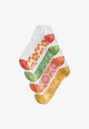 Neli paari valgeid pahkluu sokke, mille varbadi ja kannad on erksavärvilised ning millel on erinevad mustrid: oranžid lilled, rohelised laimiviilud, roosad greibiviilud ja kollased päikesed.