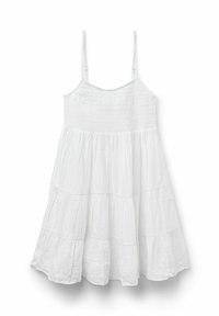 Weißes Sommerkleid mit dünnen Trägern, gerafftem Oberteil und gestuftem Rock. Hergestellt aus leichtem Stoff mit strukturiertem Finish.
