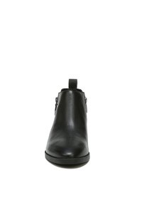 Schwarze Leder-Ankle Boots mit runder Spitze, seitlichem Reißverschluss und einer Lasche an der Ferse. Glatte Textur mit einer niedrigen, flachen Sohle.