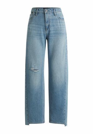 Light blue wide-leg jeans in denim with a distressed knee design and unfinished hem for a relaxed fit. Features belt loops and a front button.