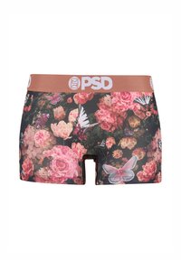 Herenboxershorts met een bruine tailleband en een meerkleurig bloemen- en vlinderpatroon op een zwarte achtergrond.
