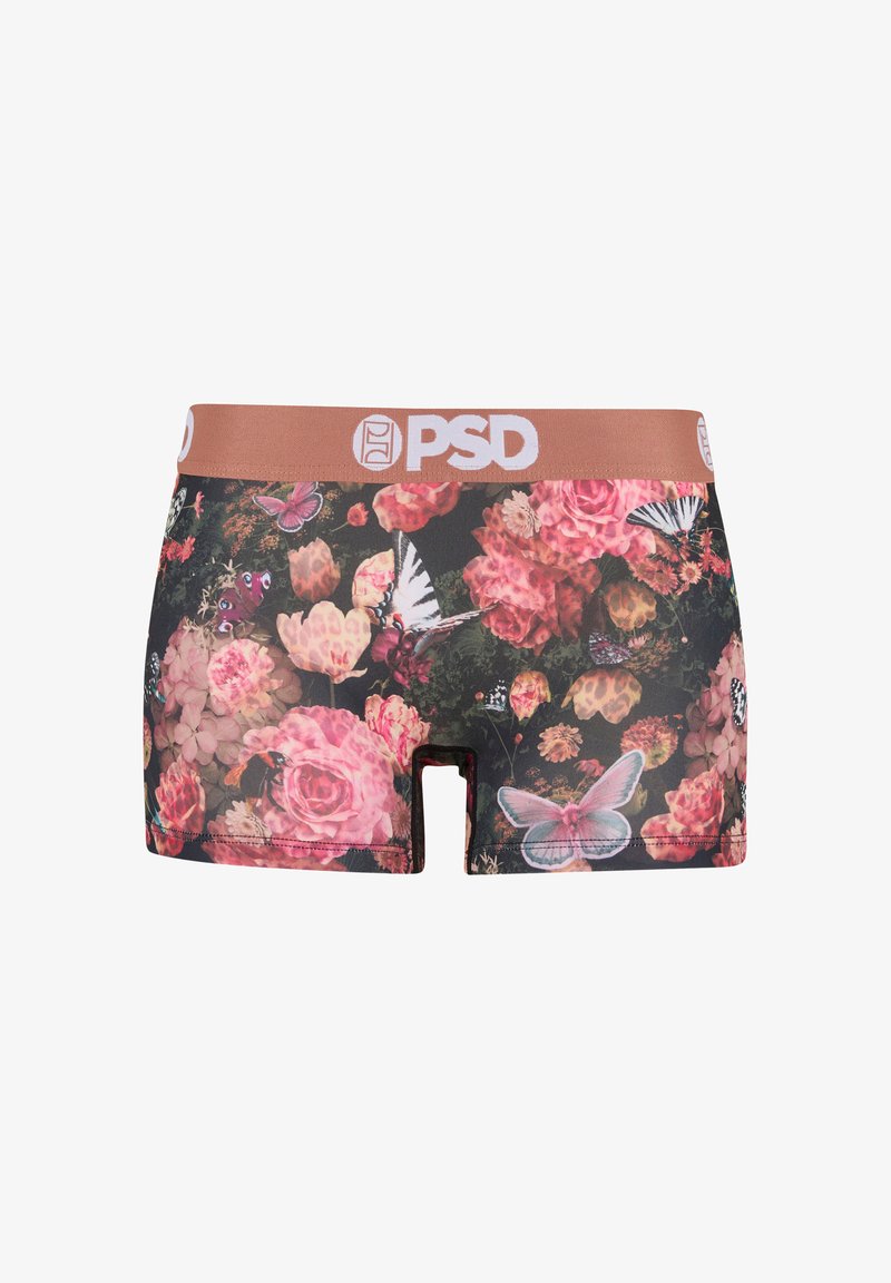 Herenboxershorts met een bruine tailleband en een meerkleurig bloemen- en vlinderpatroon op een zwarte achtergrond.