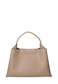 Borsa a mano in pelle beige con una forma strutturata, manico arrotondato e cuciture minime. Caratterizzata da una linguetta piatta per la chiusura. Texture liscia e opaca.