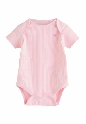 Pink ribbed short-sleeve bodysuit with a heart detail in a lighter shade, featuring snap closures at the bottom for easy dressing.