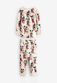 Ensemble de pyjama sur le thème de Mickey Mouse en tissu beige doux. Comprend un haut à manches longues et un pantalon, tous deux ornés d'une impression répétée des personnages, avec des poignets côtelés.