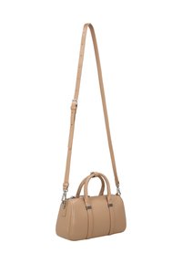 Beige Lederhandtasche mit zwei Griffen, abnehmbarem langen Riemen und dezenten Steppnähten. Verfügt über eine strukturierte Form und ein zurückhaltendes Design.